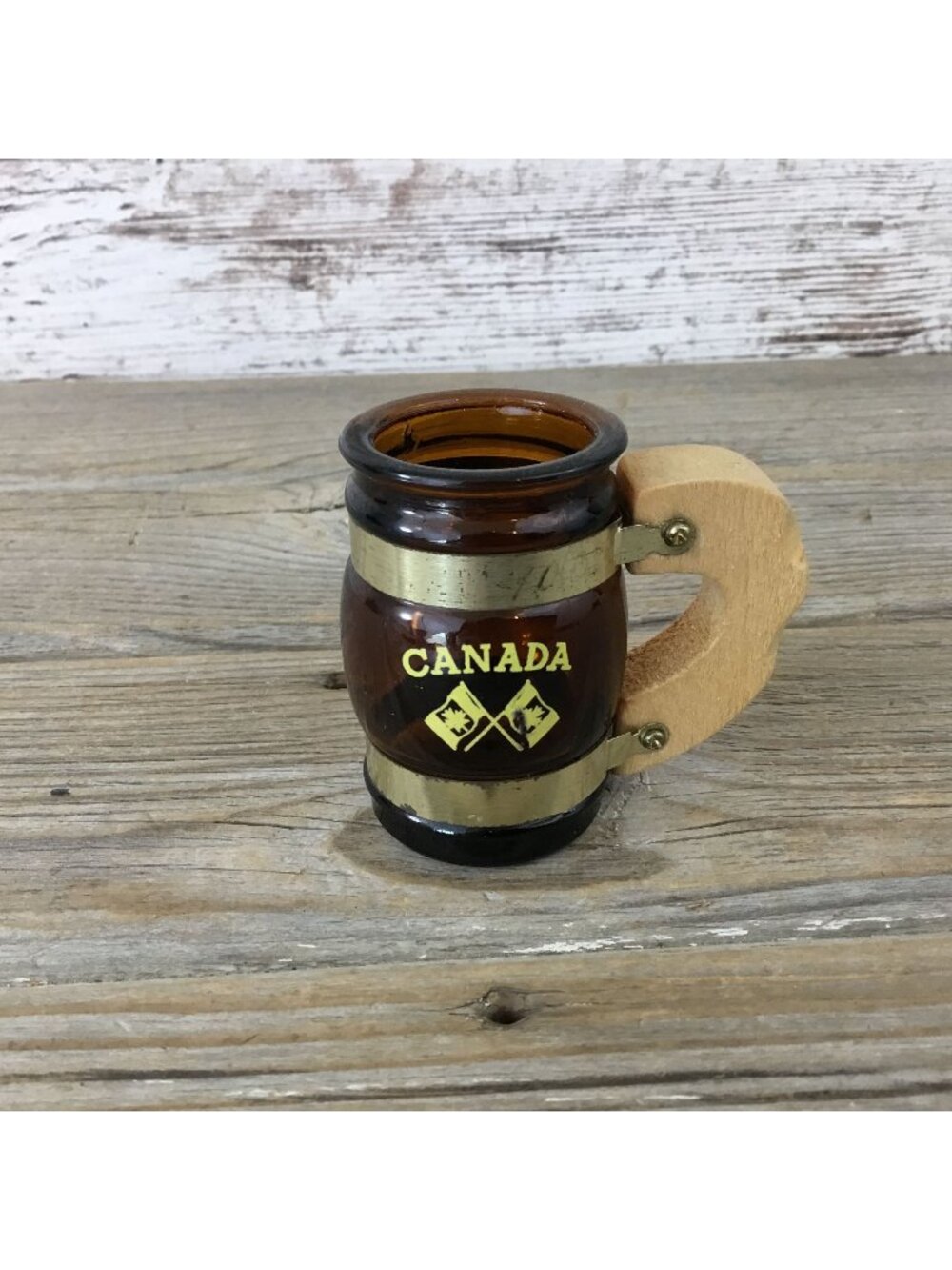 Vintage Brown Glass Canada Mini Mug Stein Shot Glass With Wooden Handle